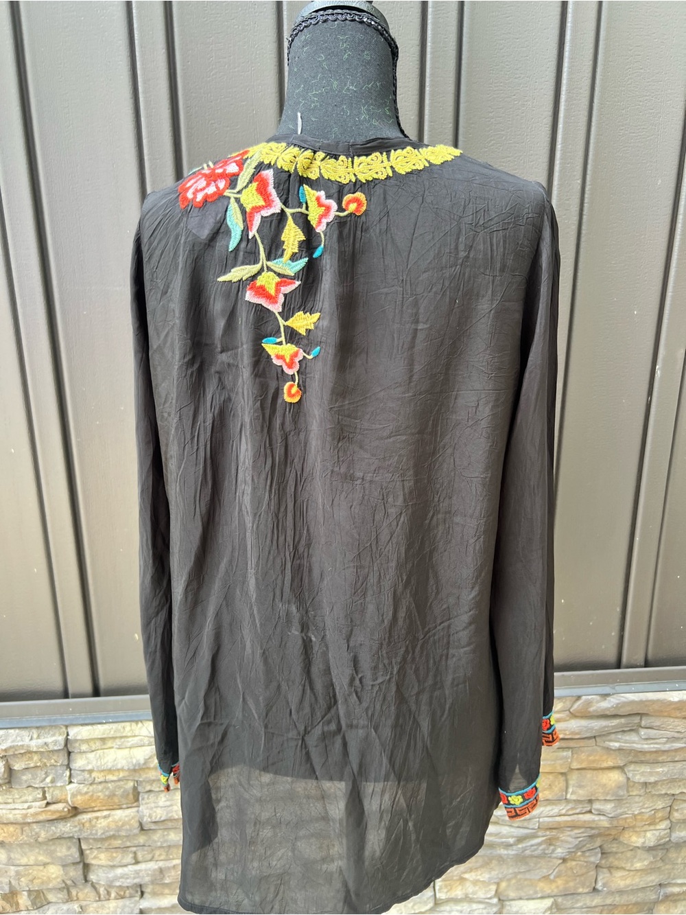 Johnny Was Black Embroidered Boho Tunic with Yellow Trim - Picture 6 of 7